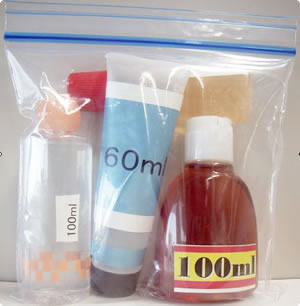 When liquids are put in containers under 100 ml (excluding lighter filler gas and other materials prohibited on board) in a resealable 1-liter clear plastic bag