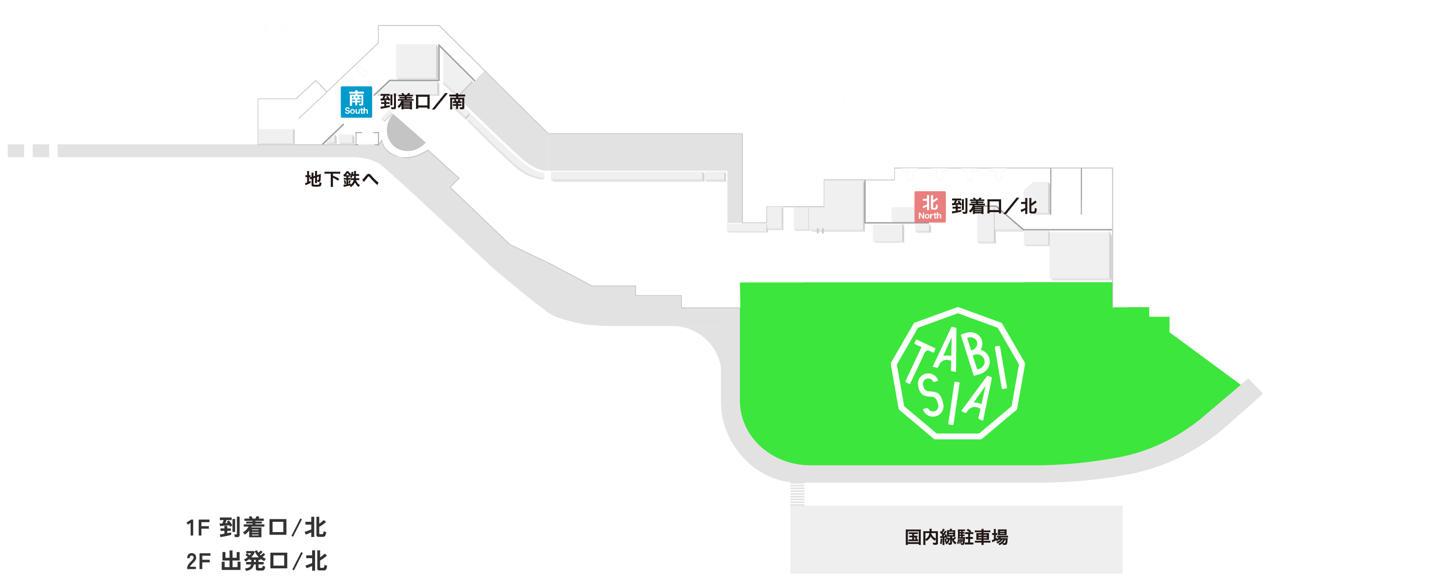 福岡空港国内線ターミナル周辺の地図。TABISIAは到着口北の正面、国内線駐車場の手前に位置します。